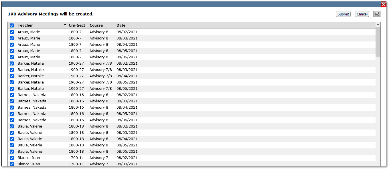 Review Selected Classes dialog