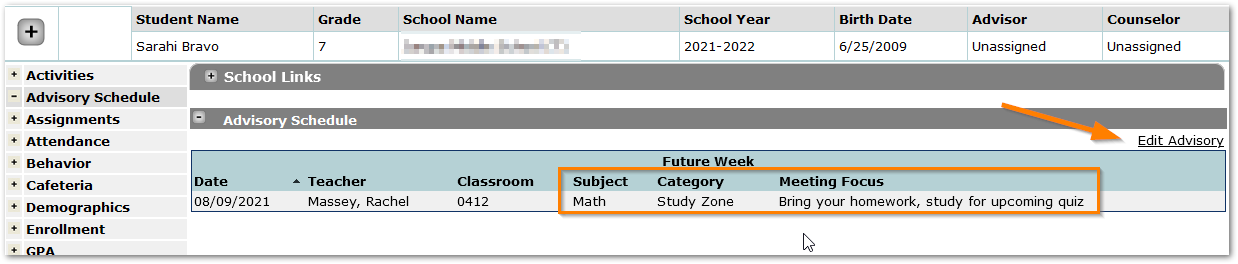 Student Connect - Advisory Schedules for a student showing the future week and pointing to an Edit Advisory link
