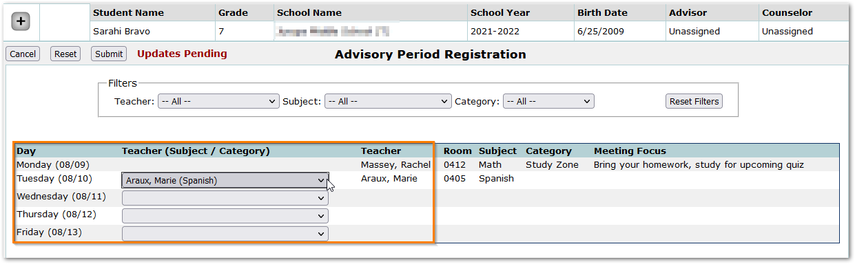 Student editing their advisory meetings showing the selection of a meeting.