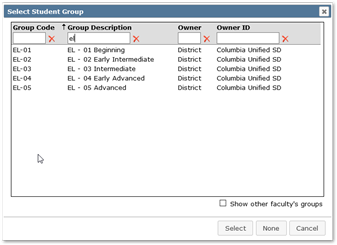 Change Group option opens Select Student Group dialog, shown.