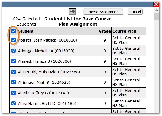 Student List for Base Course Plan Assignment