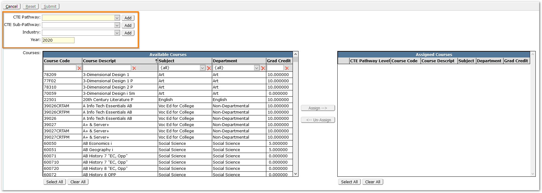 CTE Pathway Setup - Add dialog with selection of Pathway, and related fields, including Year. Course selection dialog included.
