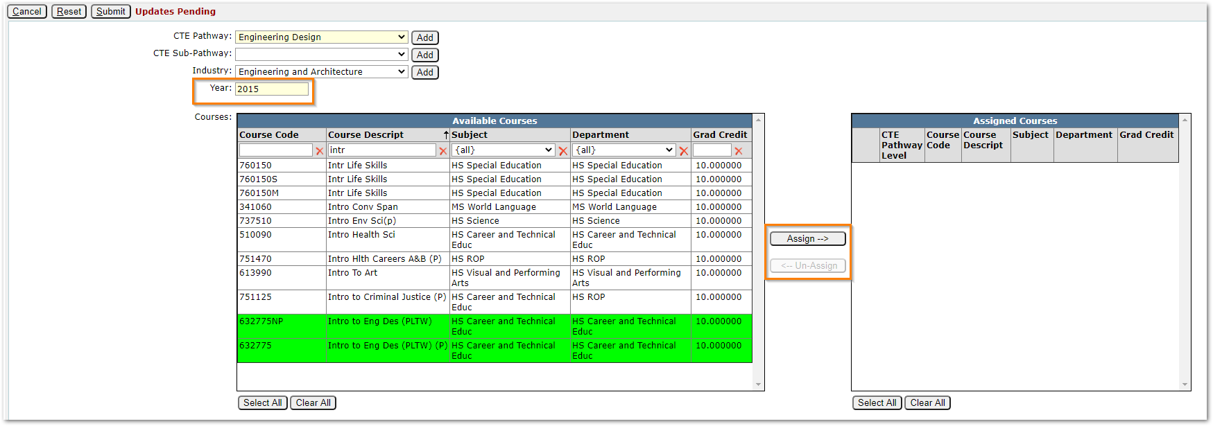 Process of adding Pathway showing Pathway defined with courses in process of selection