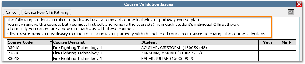 Course validation issue screen showing students with removed course in their pathway course plan.