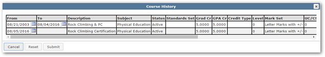 Show History listing for a course