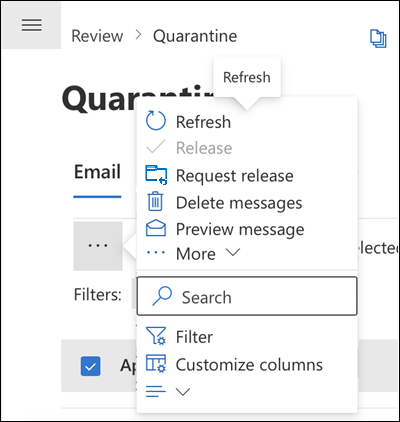 Selecting a quarantined message and then selecting More on a mobile device.