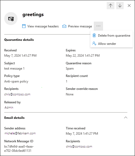 The details flyout of a quarantined message