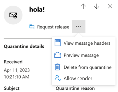 The details of a quarantined message with available actions shown.
