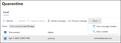 Available actions after you select a quarantined message on the Email tab of the Quarantine page.