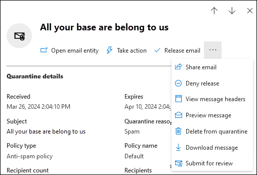 Screenshot of the available actions in the details flyout that opens after you select a quarantined message on the Email tab of the Quarantine page.