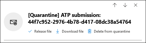 Screenshot of the available actions in the details flyout that opens after you select a quarantined file from the Files tab of the Quarantine page.