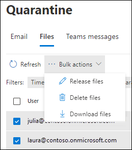 Screenshot of the available actions on the Files tab of the Quarantine page after you select the check box of multiple quarantined files.