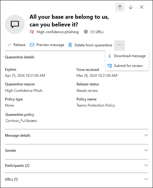 Screenshot of the details flyout that opens after you select a quarantined Teams message from the Teams messages tab of the Quarantine page.