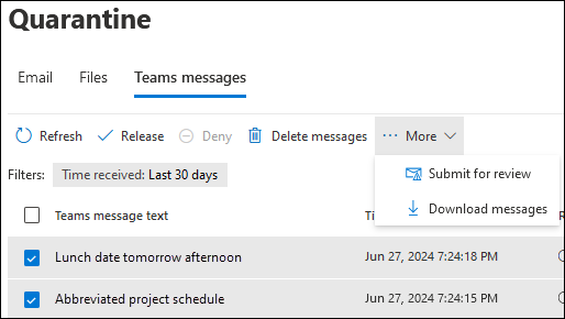 Screenshot of the available actions on the Teams messages tab of the Quarantine page after you select multiple quarantined Teams messages.