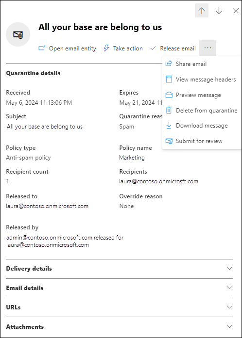 Screenshot of the details flyout that opens after you select a quarantined email message from the Email tab of the Quarantine page.