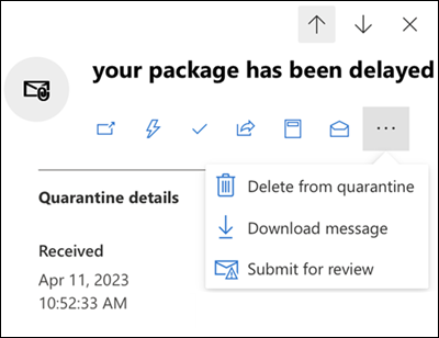 Screenshot of the details of a quarantined message with available actions highlighted.