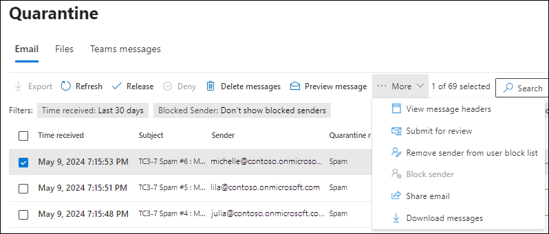 Screenshot of the available actions after you select the check box of a quarantined message on the Email tab on the Quarantine page.