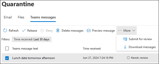 Screenshot of the available actions after you select the check box of a quarantined Teams message on the Teams message tab of the Quarantine page.