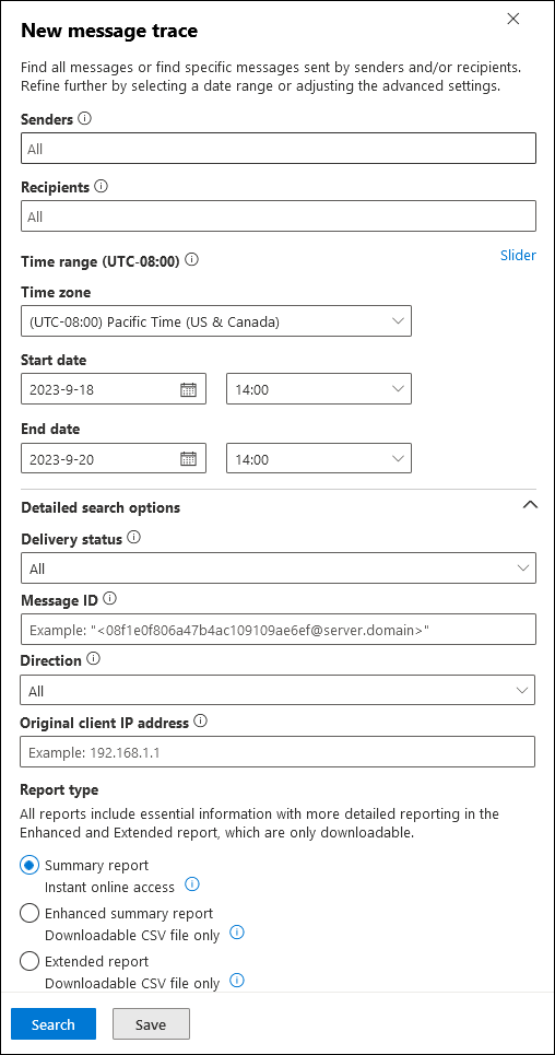 The New message trace flyout in the new EAC.