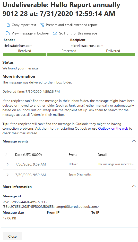 The details flyout that opens after clicking a row in the summary report message trace results in the new EAC.