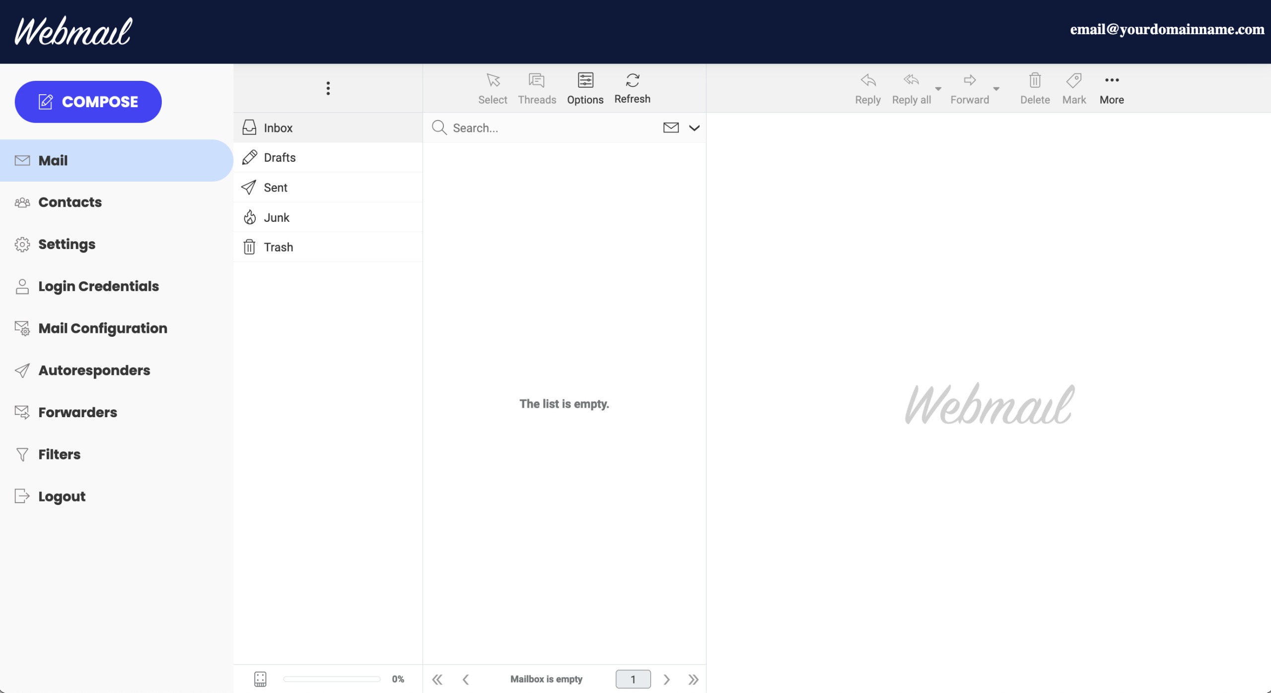 Screenshot of the Webmail interface and dashboard