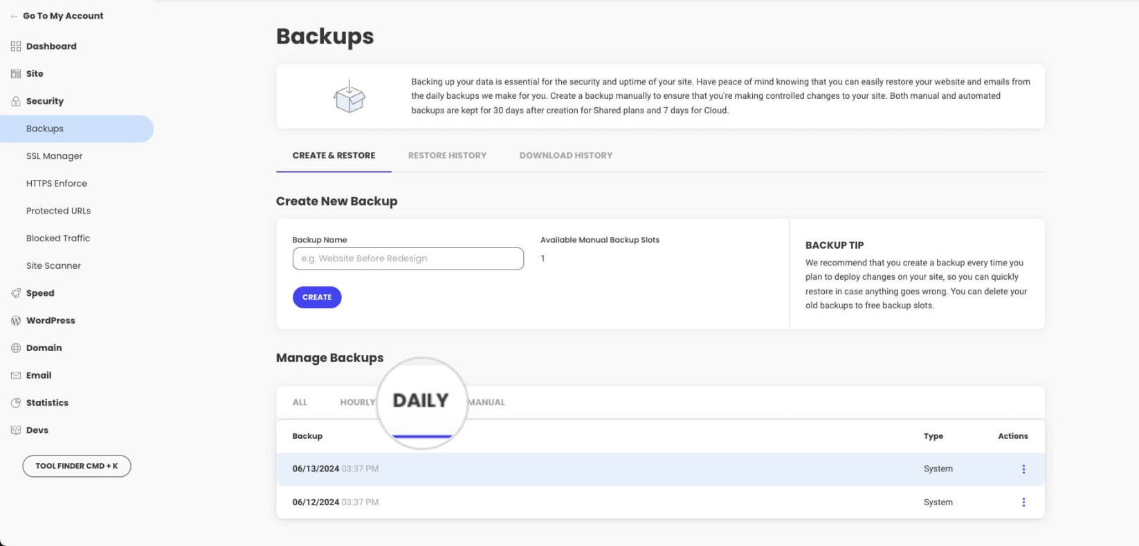 Daily automatic backups in Site Tools 