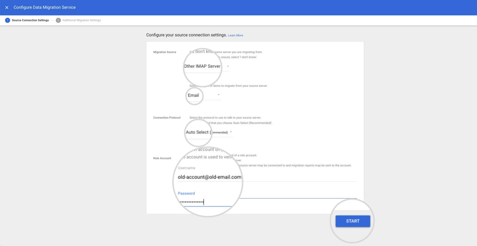 Source connection settings for a Google Workspace migration