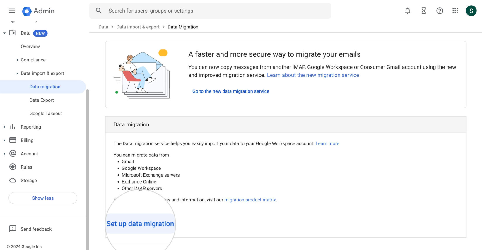 Set Data Migration Up button in Google Workspace