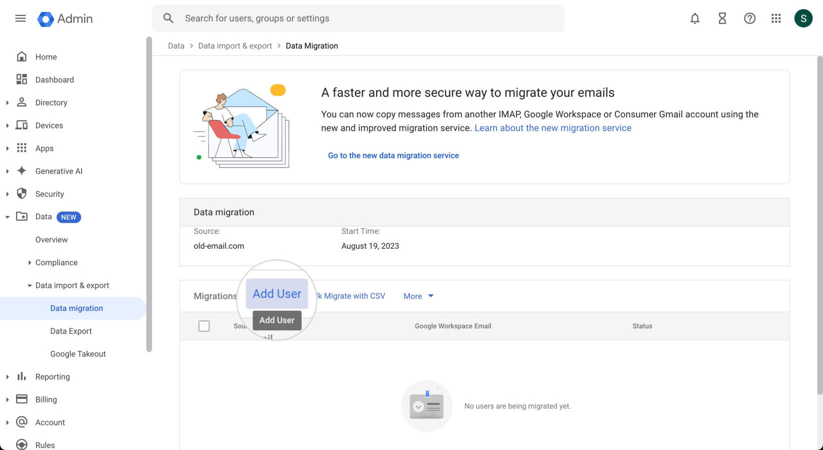 Add user for a Google Workspace migration