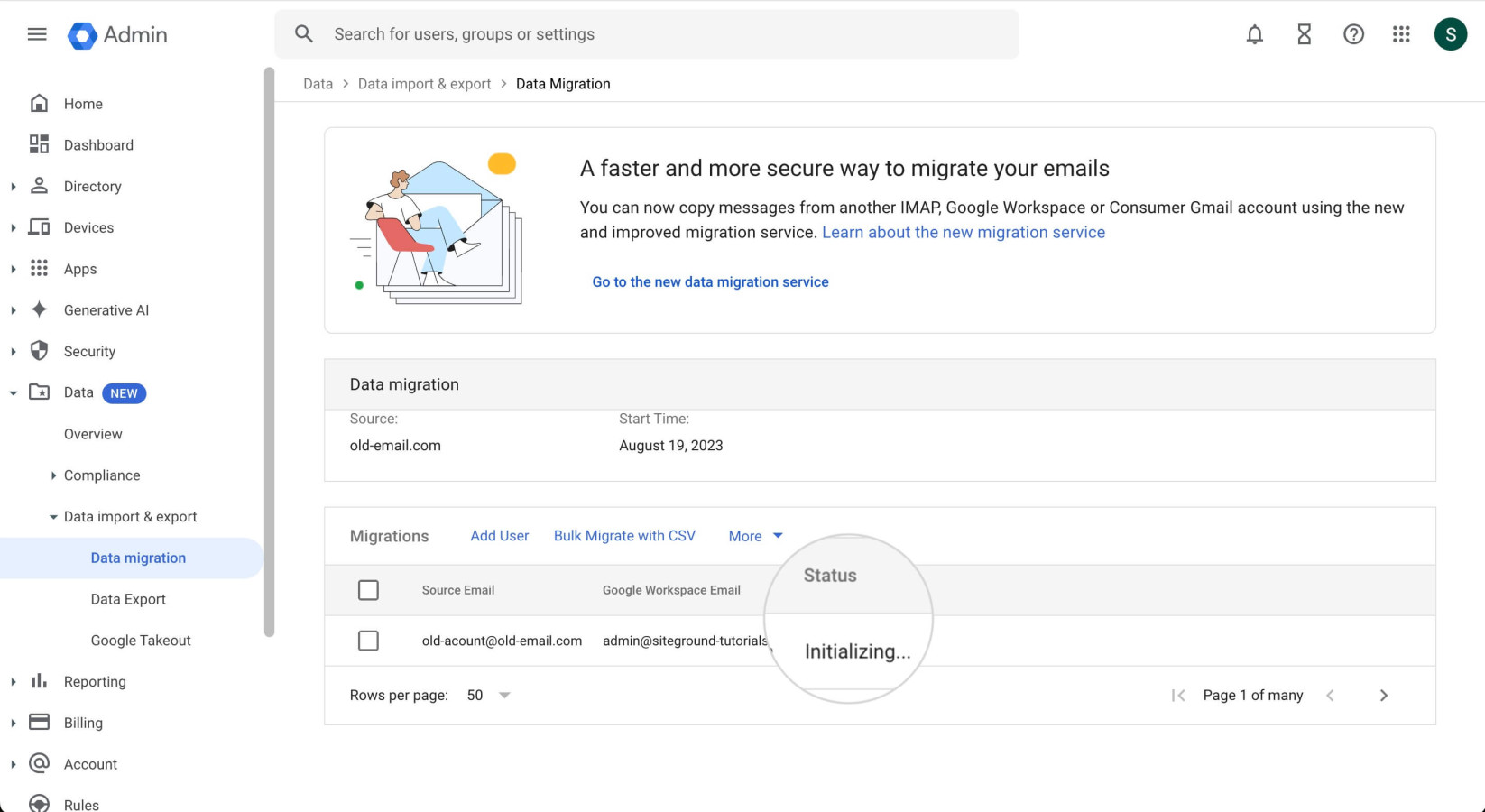 "Initializing" status of a data migration in Google Workspace