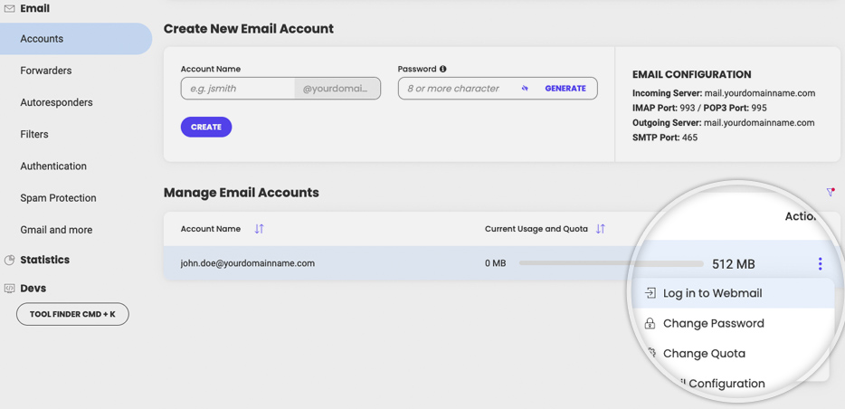 How to log into an email account from Site Tools