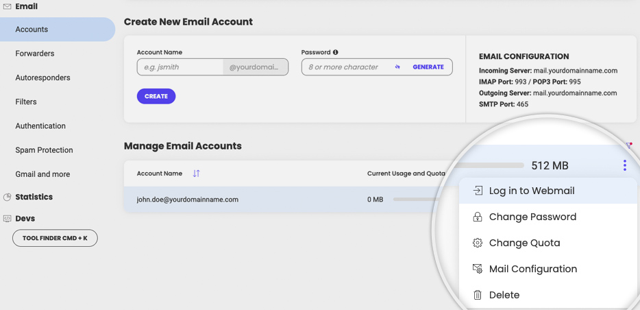 Actions menu for an email account