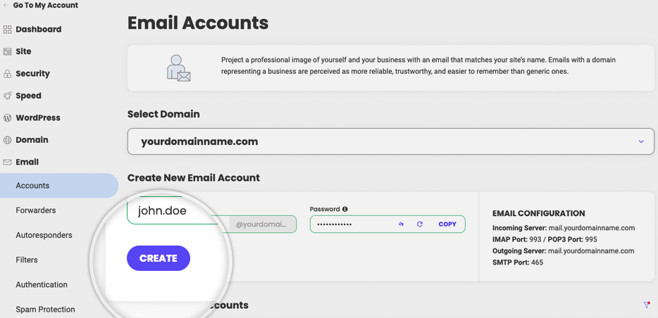 How to create an email account in Site Tools