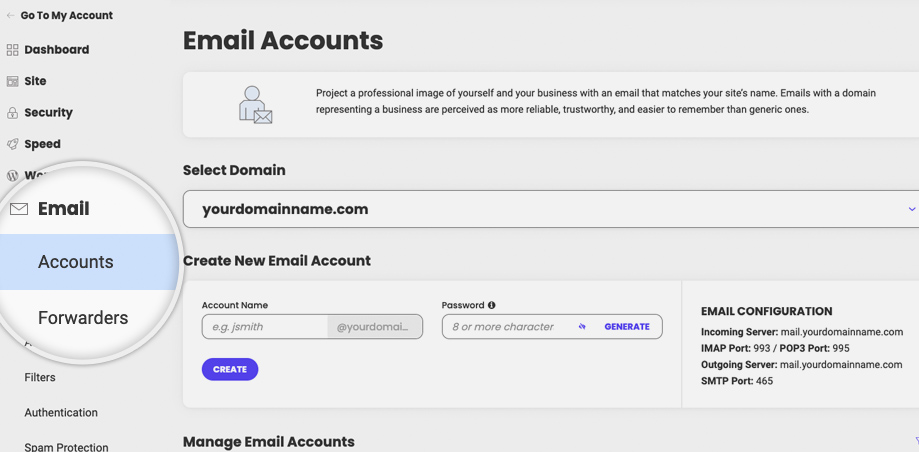 Email section in Site Tools