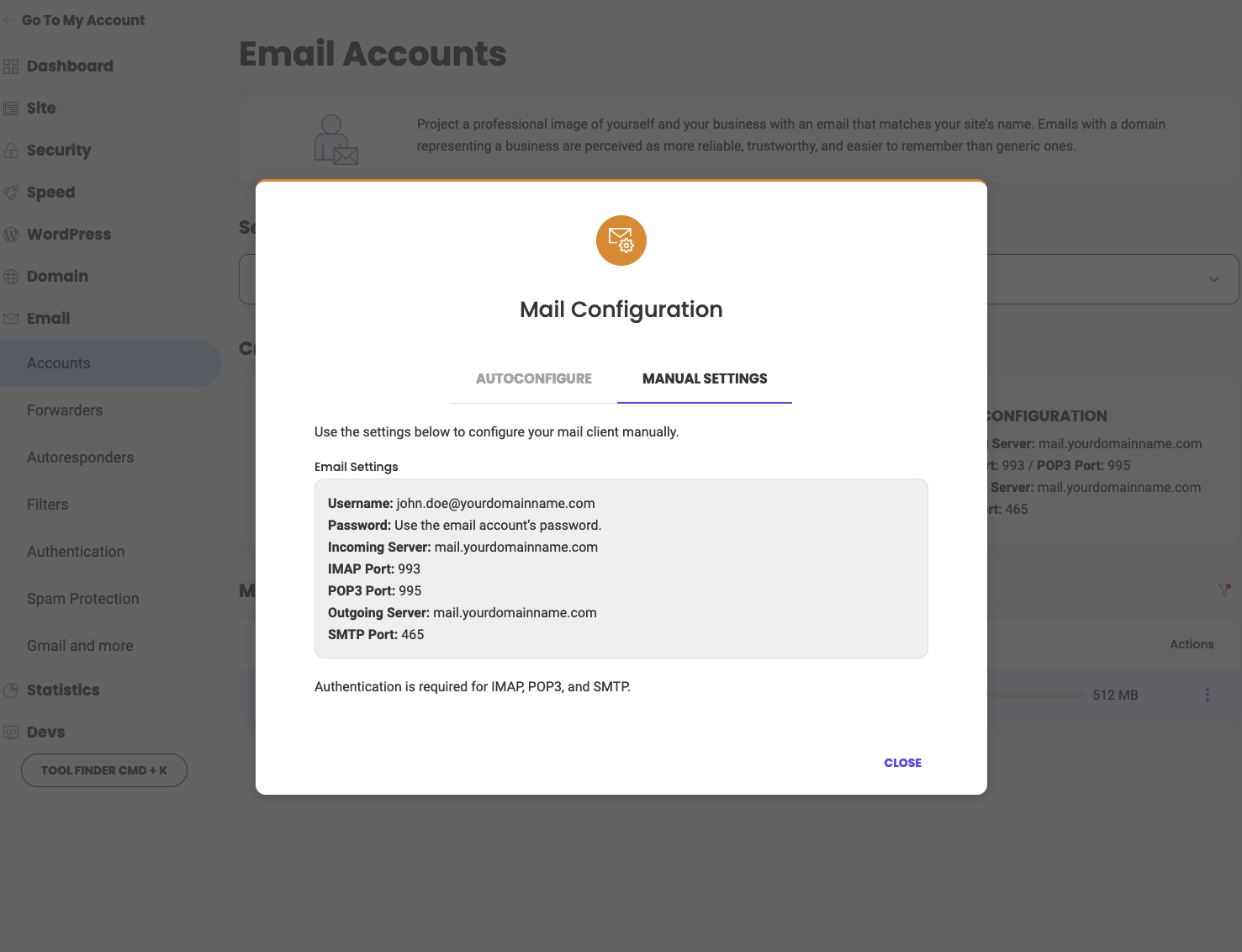 Manual settings for Mail Configuration
