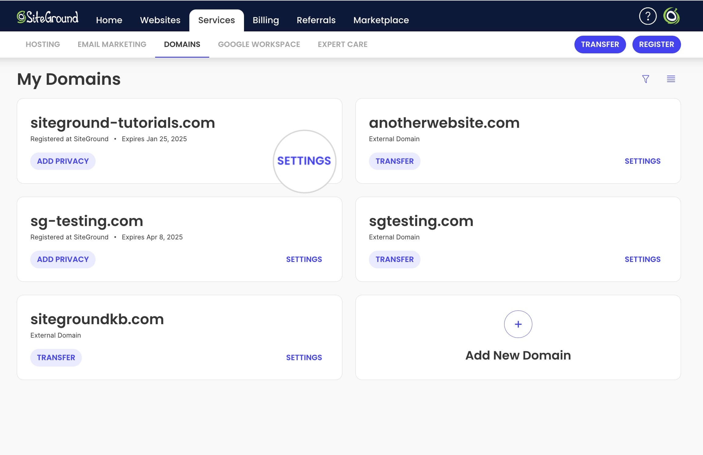 Domain Settings in SiteGround Client Area