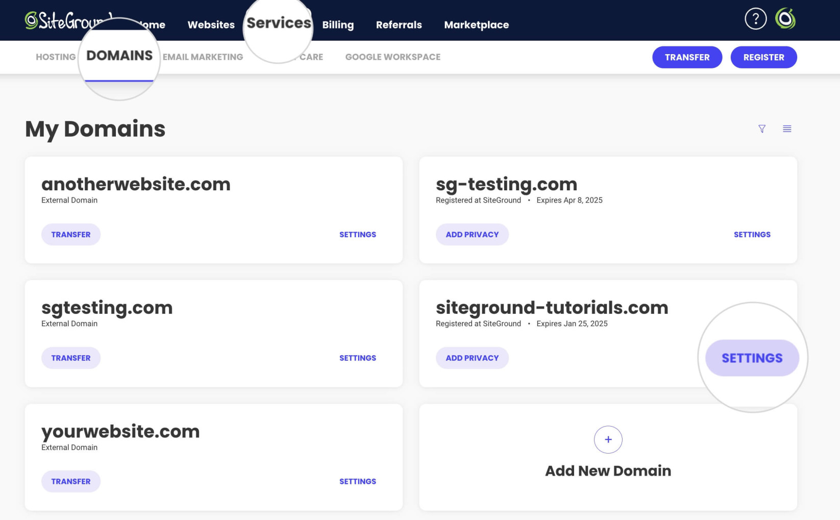 Domain Settings in SiteGround's Client Area