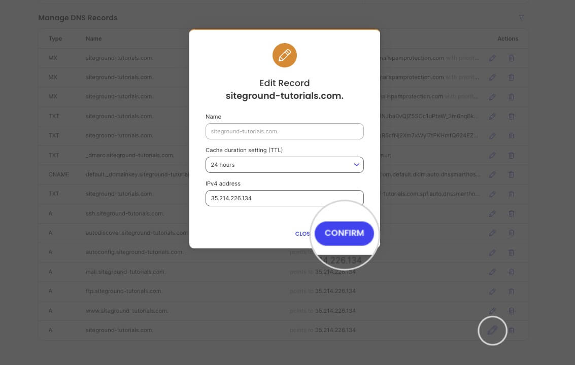 Screenshot showing how to Revert TTL value to SiteGround default after DNS propagation is complete