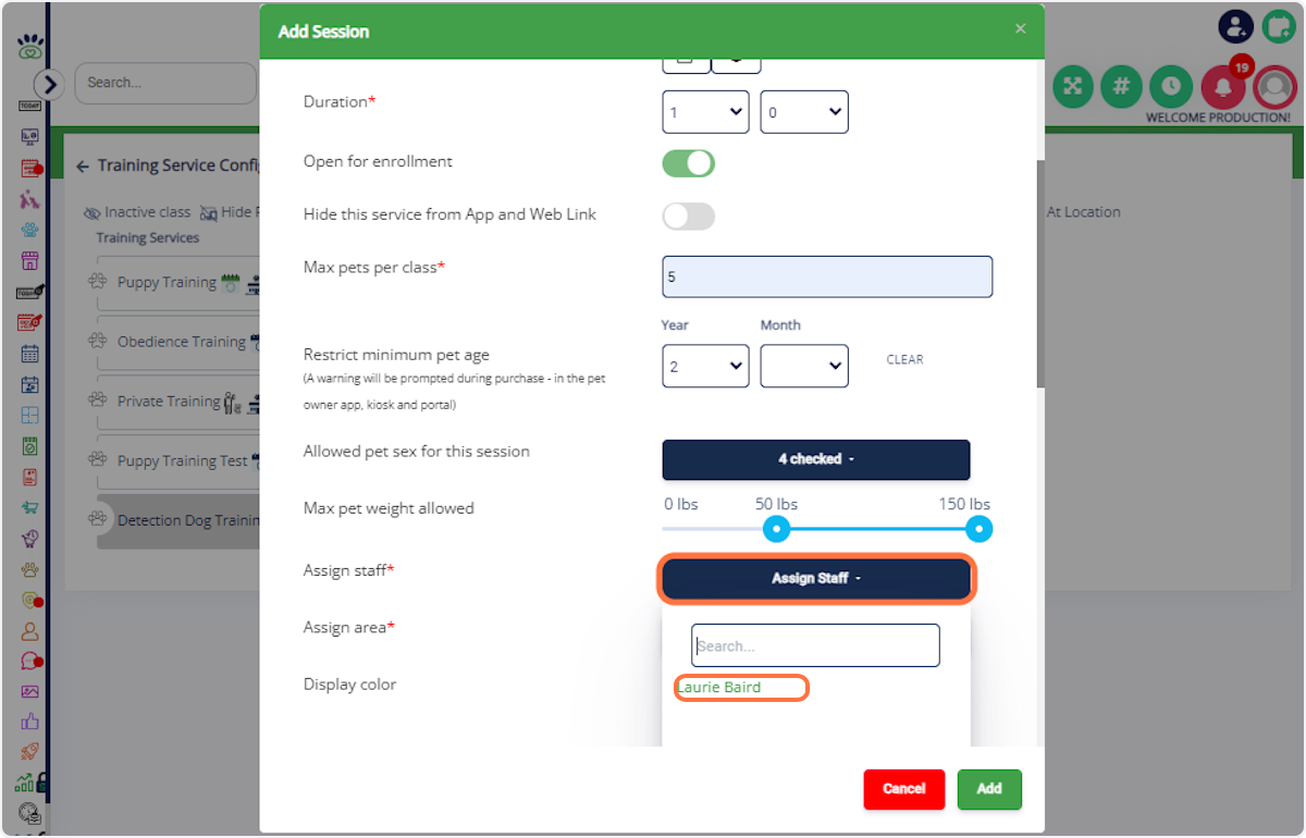 Assign Staff and Area: Drag to set the maximum pet weight and select the assigned staff. Choose the training area.