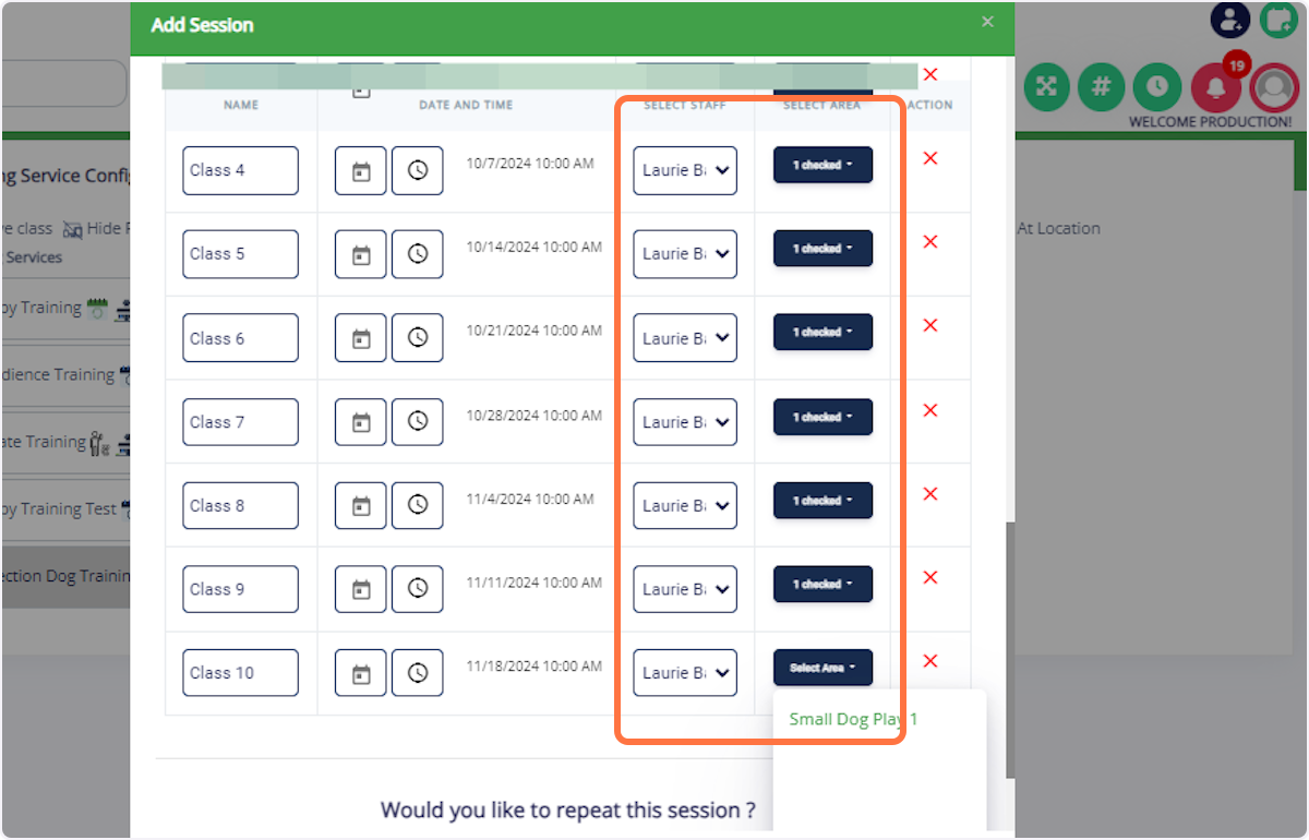 Assign Staff and Area for All Classes: If desired, assign the same staff and area to all classes.