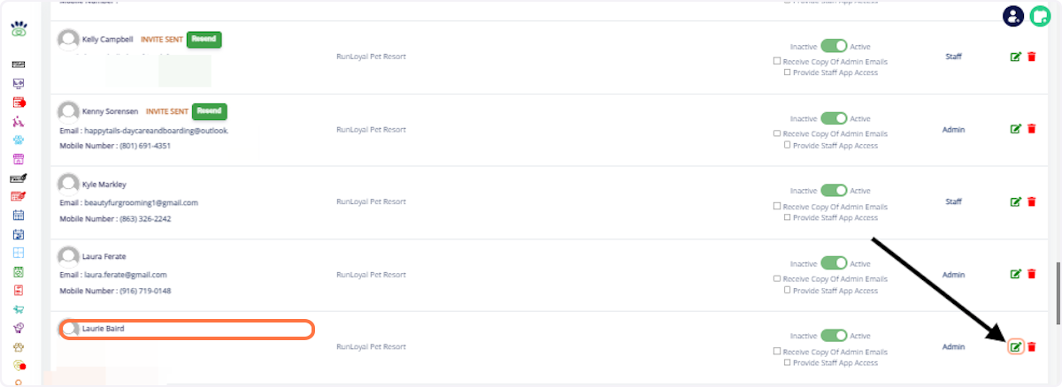 Select Staff: Choose the staff member (e.g., Laurie Baird). Click on Edit Button: Proceed to the assignment.