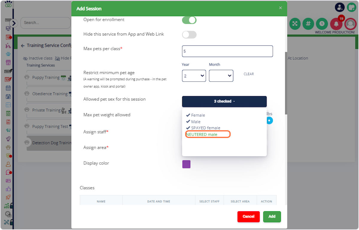 Set Limits: Specify maximum pets per class, maximum pet age, and allowed pet sex.