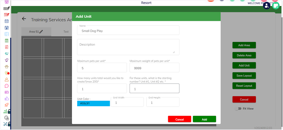 Click on Add Unit and create units within the area.