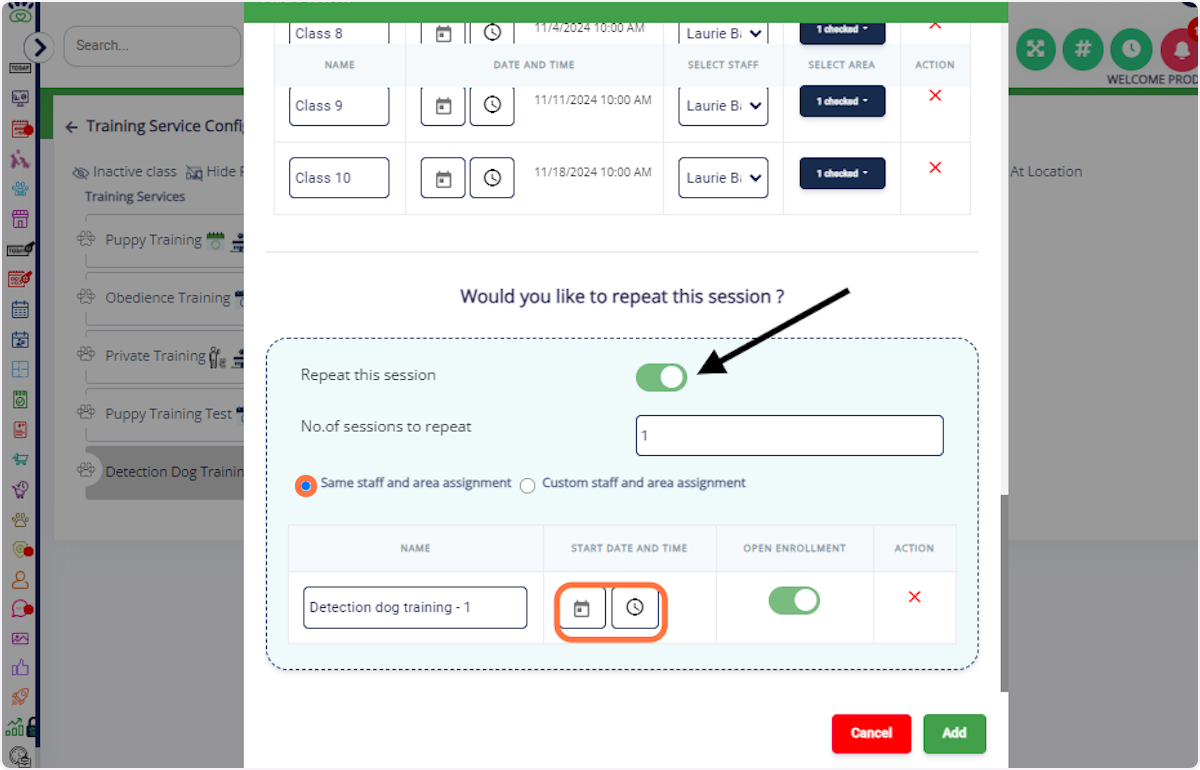 Repeat Session: Toggle if you want to repeat the session and assign staff and area.