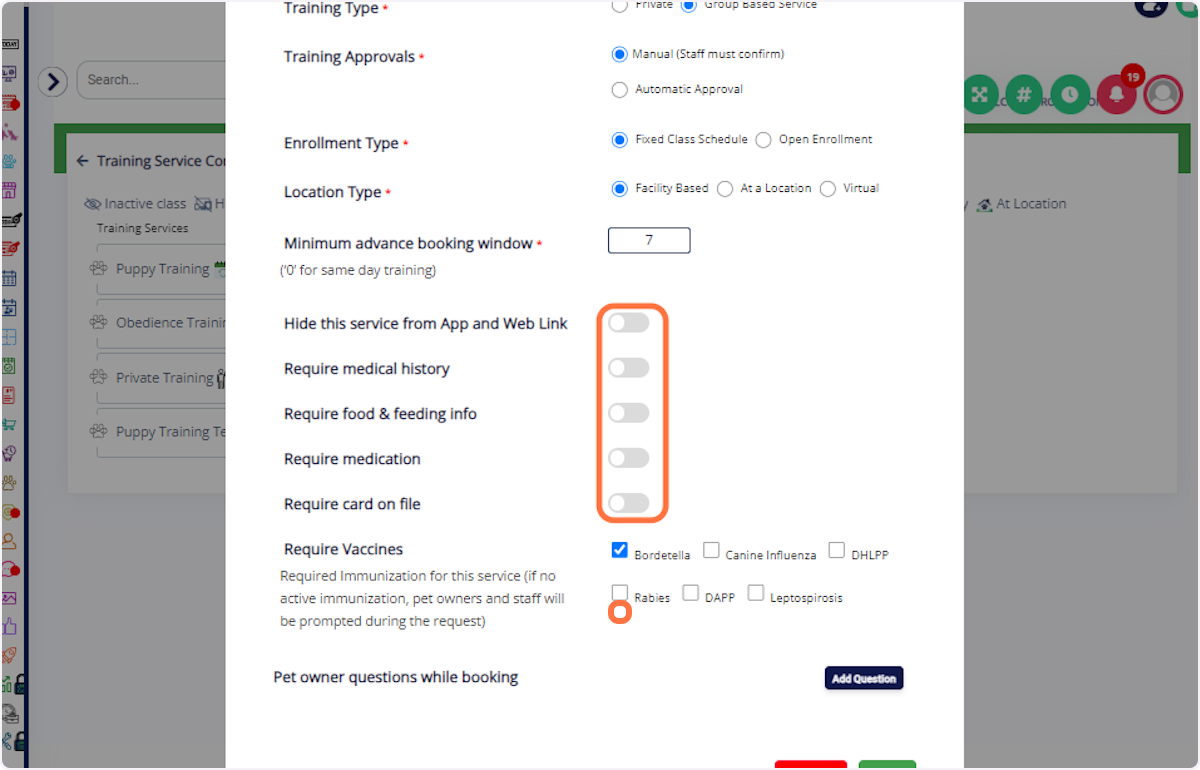 Toggle Required Fields: Activate necessary fields like medical history, medication, food & feeding info, card, and vaccines.
