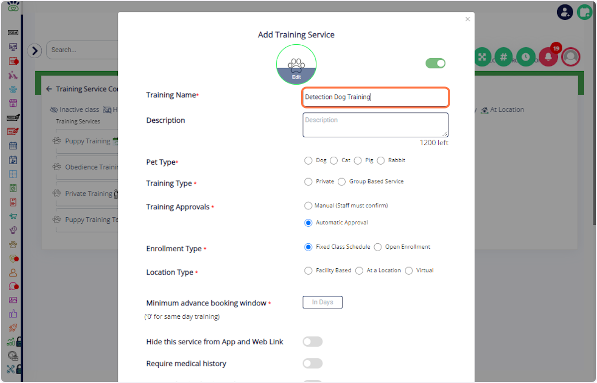 Select Location Type: Choose whether the training is on-site or off-site. 1. Facility based- You have to assign area in visual inorder to book training 2. At a Location- Enter the Location 3. Virtual- Paste the Meeting link