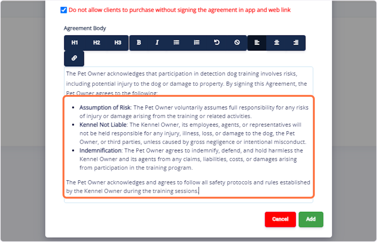 Type Agreement Body: Write the agreement content.