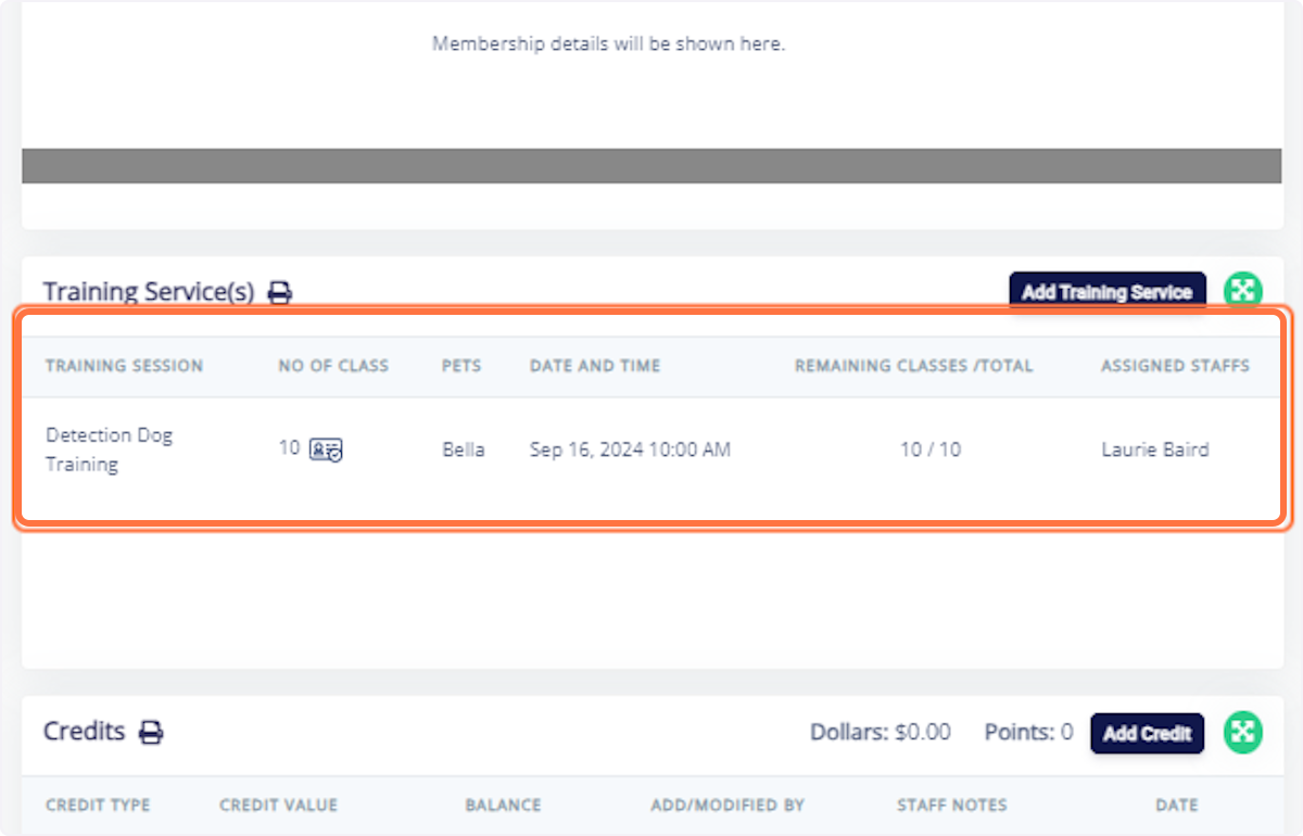 View Purchased Training: Navigate to the pet owner's page to see the purchased training session.