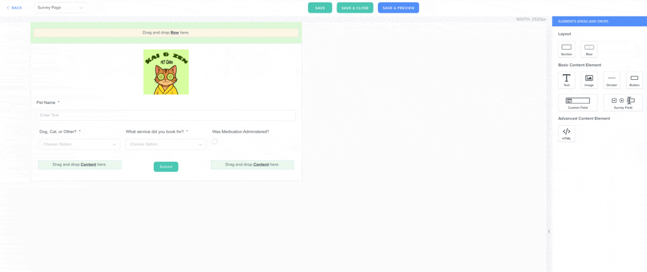 Dragging the Divider Content Block to separate the Business Logo from the Survey questions