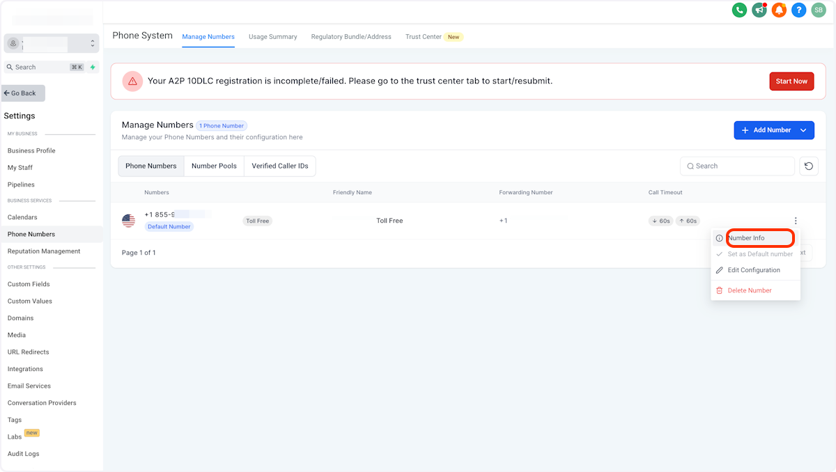 Click on Number Info